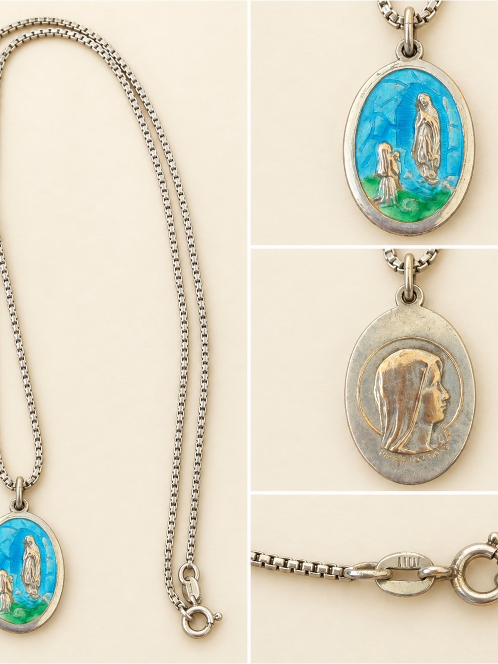 Vintage Lourdes France Enamel Our Lady St Bernadette 800 Silver Necklace